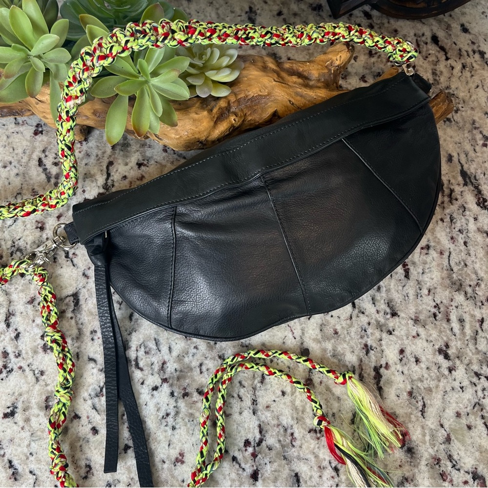Free People Black Leather Crossbody Bag with Braided Neon Strap